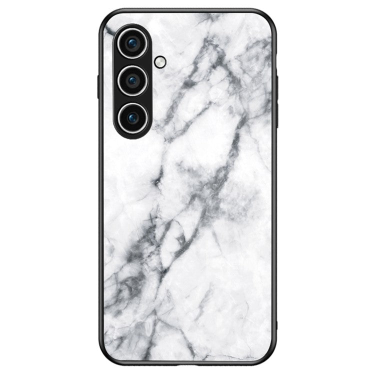 For Samsung Galaxy S25+ Case Marble Pattern Tempered Glass+PC+TPU Protective Phone Cover - White Marble