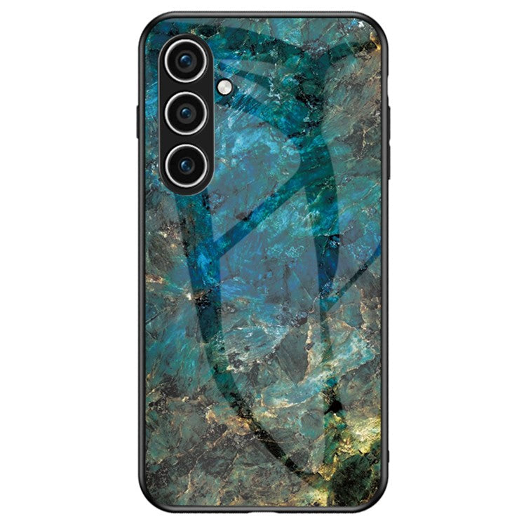 For Samsung Galaxy S25 Case Marble Pattern Tempered Glass+PC+TPU Protective Phone Cover - Emerald Marble