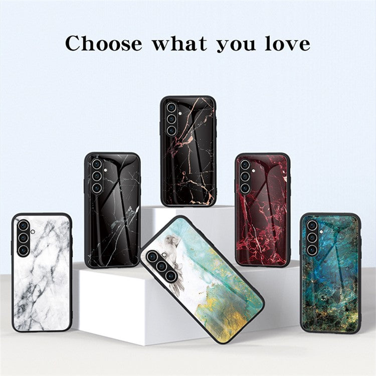 For Samsung Galaxy S25 Case Marble Pattern Tempered Glass+PC+TPU Protective Phone Cover - Emerald Marble