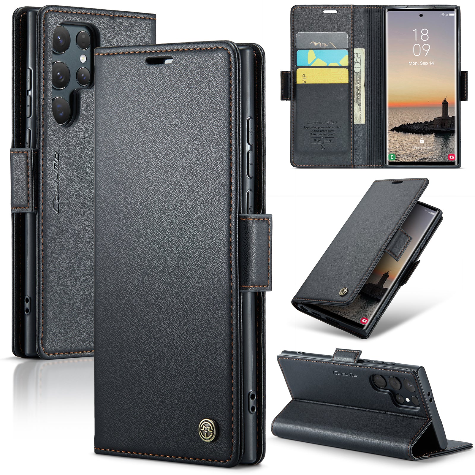 For Samsung Galaxy S25 Ultra Case CASEME 023 Series RFID Blocking Leather Wallet Stand Phone Cover - Black