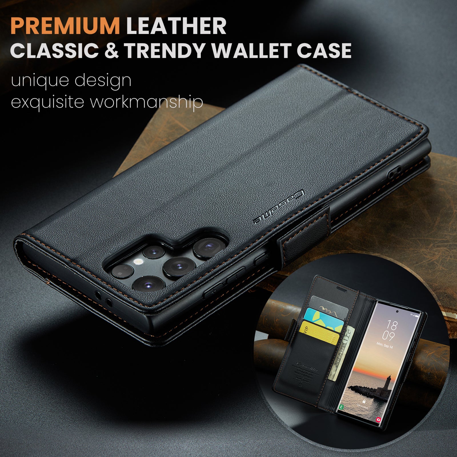 For Samsung Galaxy S25 Ultra Case CASEME 023 Series RFID Blocking Leather Wallet Stand Phone Cover - Black