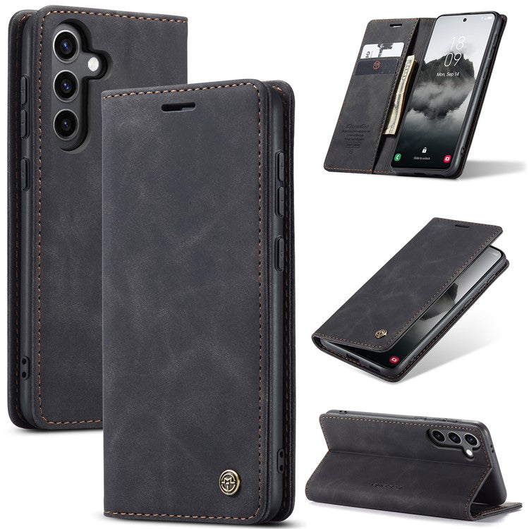 For Samsung Galaxy S25 Case CASEME 013 Series Card Holder Stand Leather Phone Cover - Black