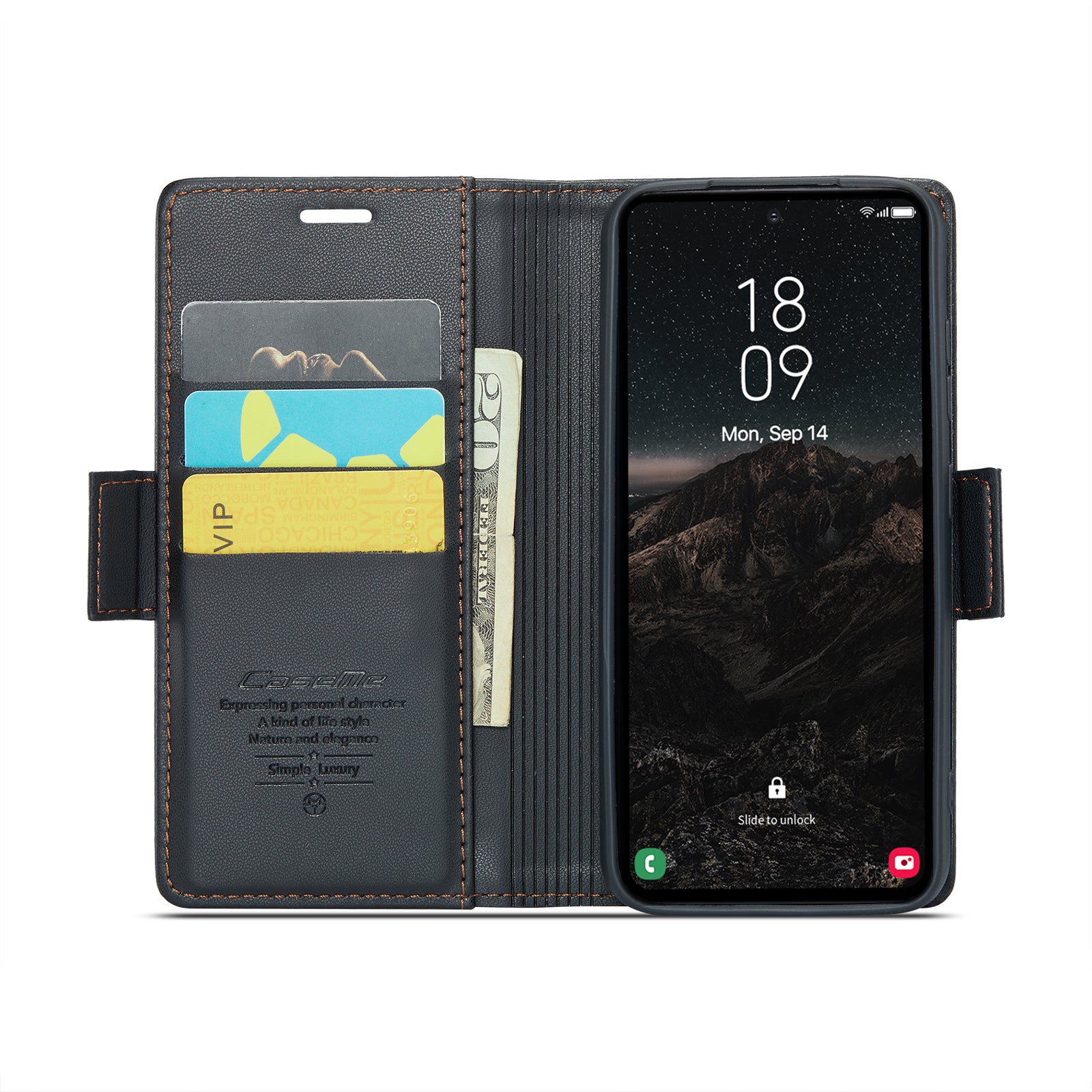 For Samsung Galaxy S25 Case CASEME 023 Series RFID Blocking Leather Wallet Stand Phone Cover - Black