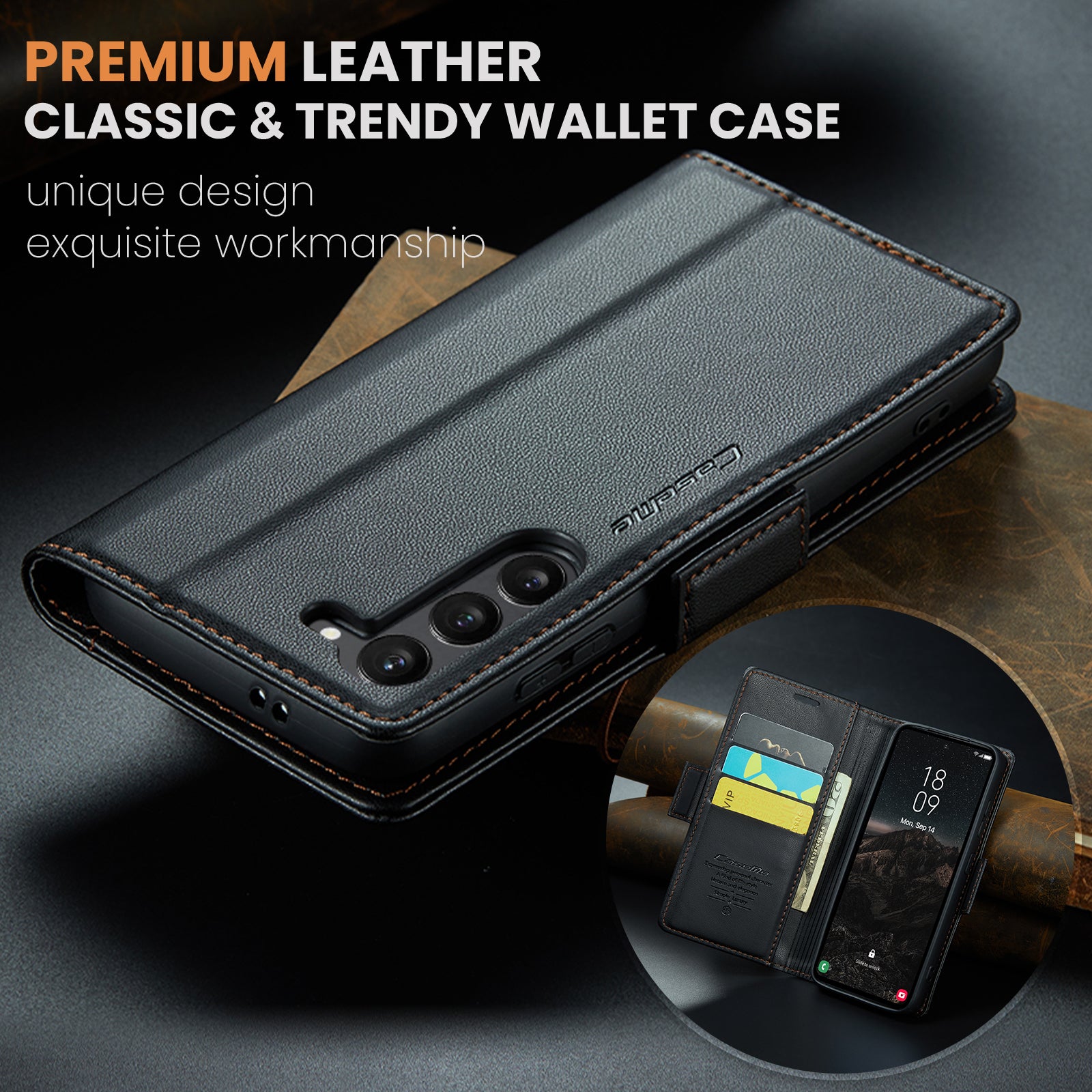 For Samsung Galaxy S25 Case CASEME 023 Series RFID Blocking Leather Wallet Stand Phone Cover - Black