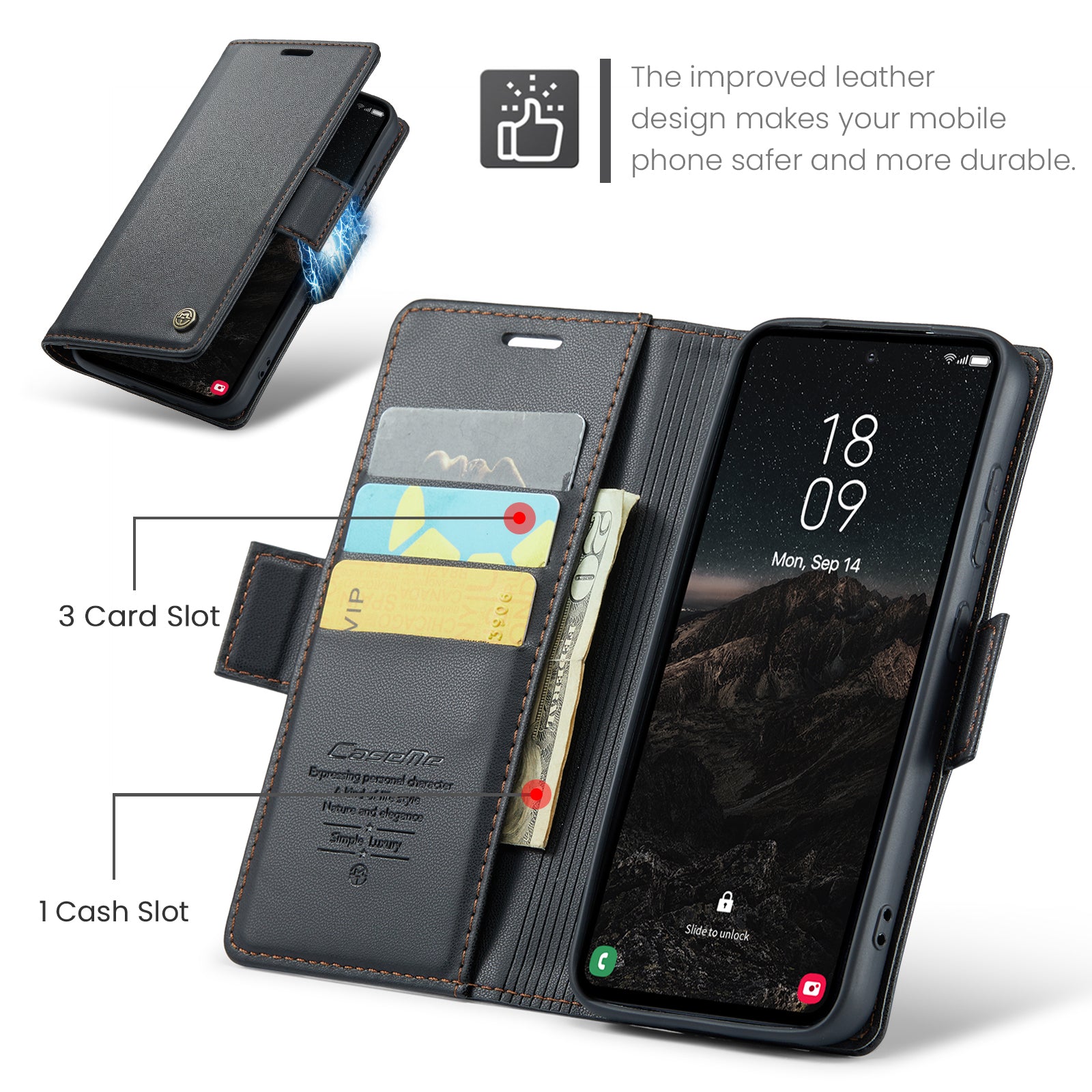 For Samsung Galaxy S25 Case CASEME 023 Series RFID Blocking Leather Wallet Stand Phone Cover - Black