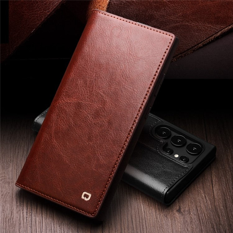 QIALINO For Samsung Galaxy S25 Ultra Case Wallet Flip Stand Phone Cover Genuine Cow Leather - Black