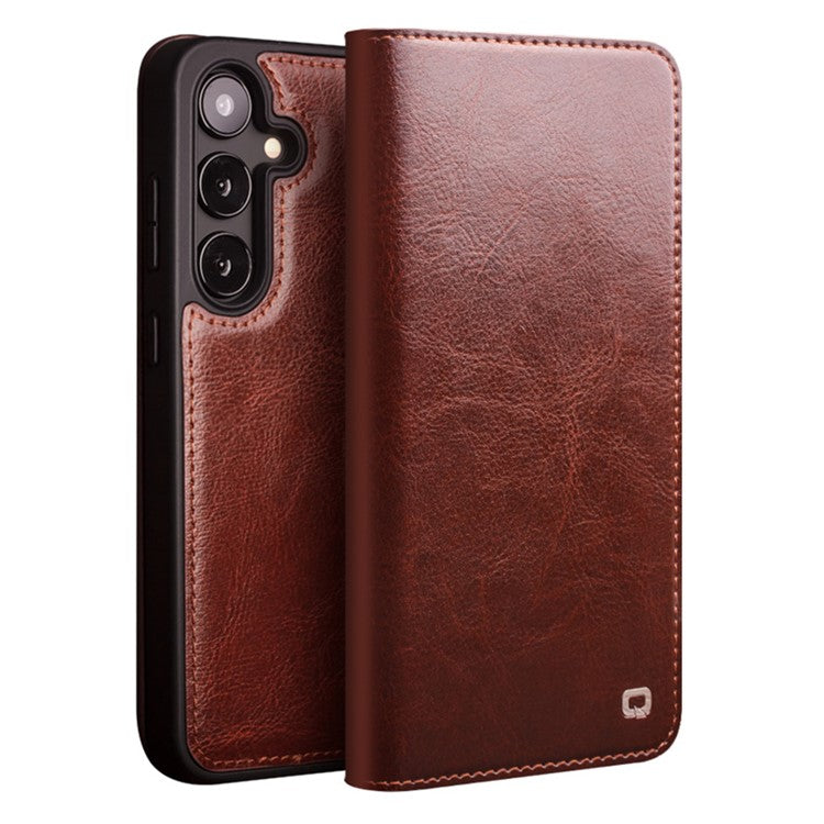 QIALINO For Samsung Galaxy S25+ Case Wallet Flip Stand Phone Cover Genuine Cow Leather - Brown