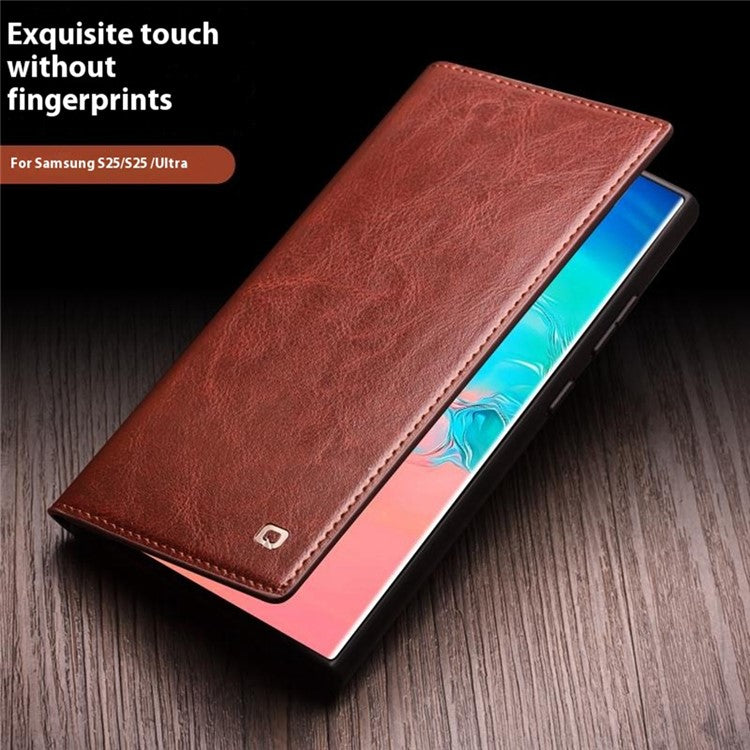 QIALINO For Samsung Galaxy S25+ Case Wallet Flip Stand Phone Cover Genuine Cow Leather - Brown