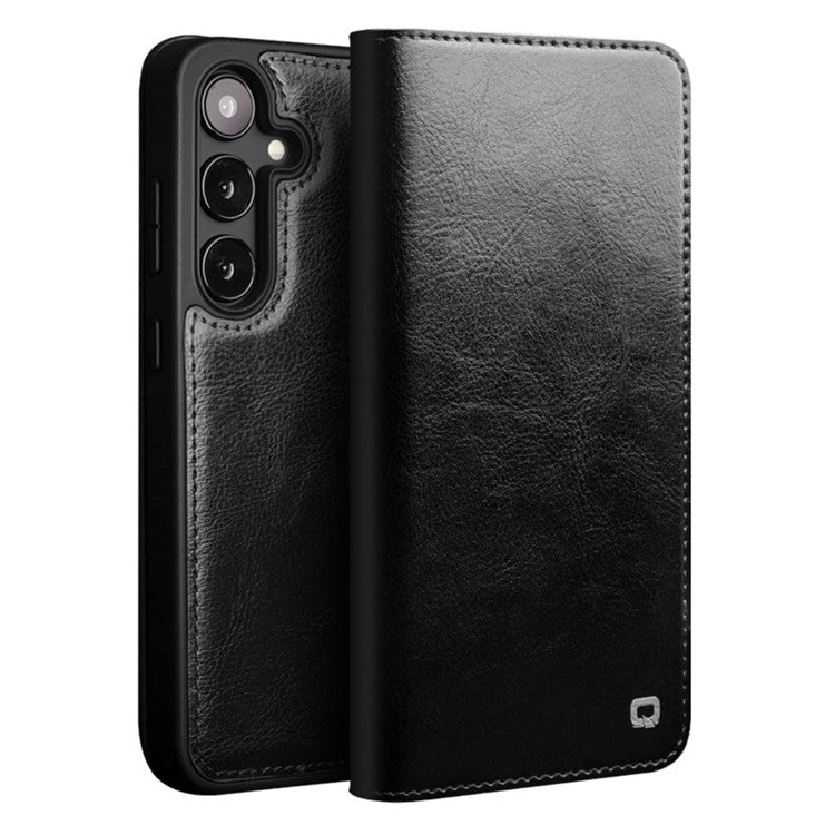 QIALINO For Samsung Galaxy S25 Case Wallet Flip Stand Phone Cover Genuine Cow Leather - Black