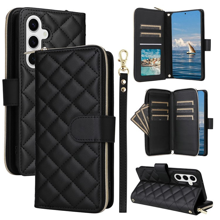 For Samsung Galaxy S25 / S24 Case Zipper Wallet Rhombus PU Leather Crossbody Phone Bag - Black