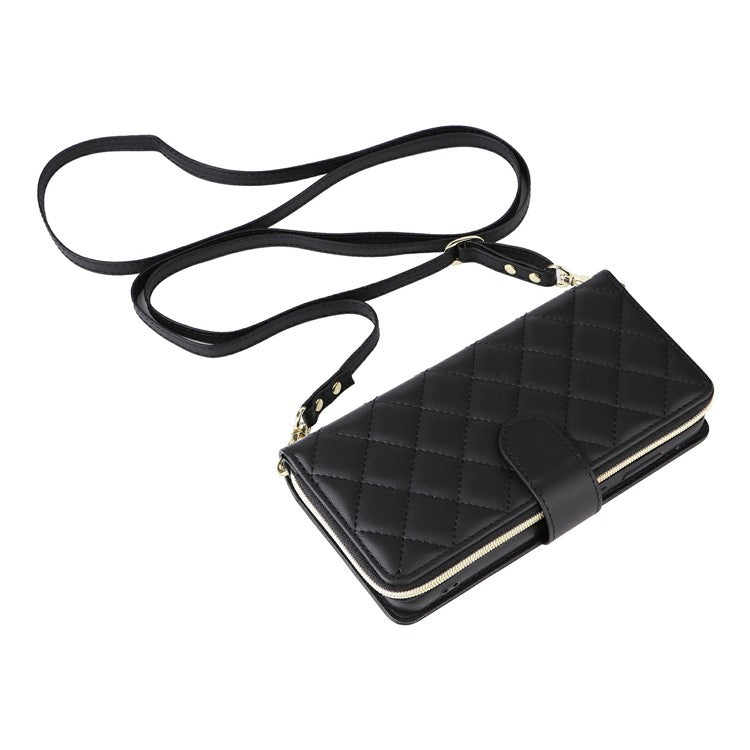 For Samsung Galaxy S25 / S24 Case Zipper Wallet Rhombus PU Leather Crossbody Phone Bag - Black