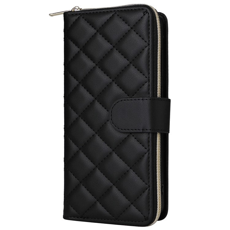 For Samsung Galaxy S25 / S24 Case Zipper Wallet Rhombus PU Leather Crossbody Phone Bag - Black