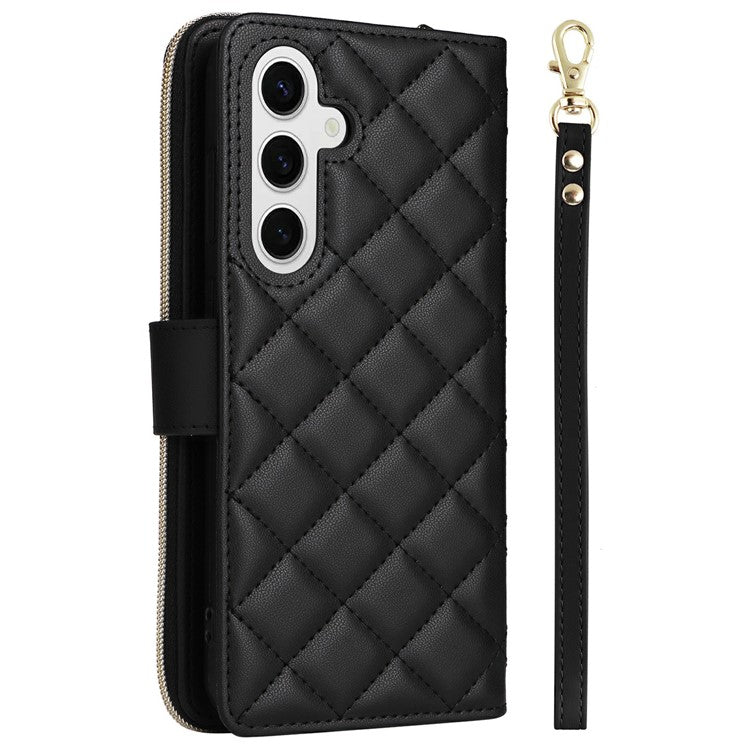 For Samsung Galaxy S25 / S24 Case Zipper Wallet Rhombus PU Leather Crossbody Phone Bag - Black