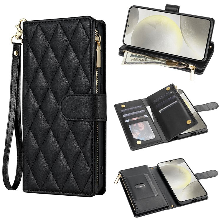 For Samsung Galaxy S25 Case Rhombus Stitching Leather Wallet Phone Cover with Long  /  Short Strap - Black