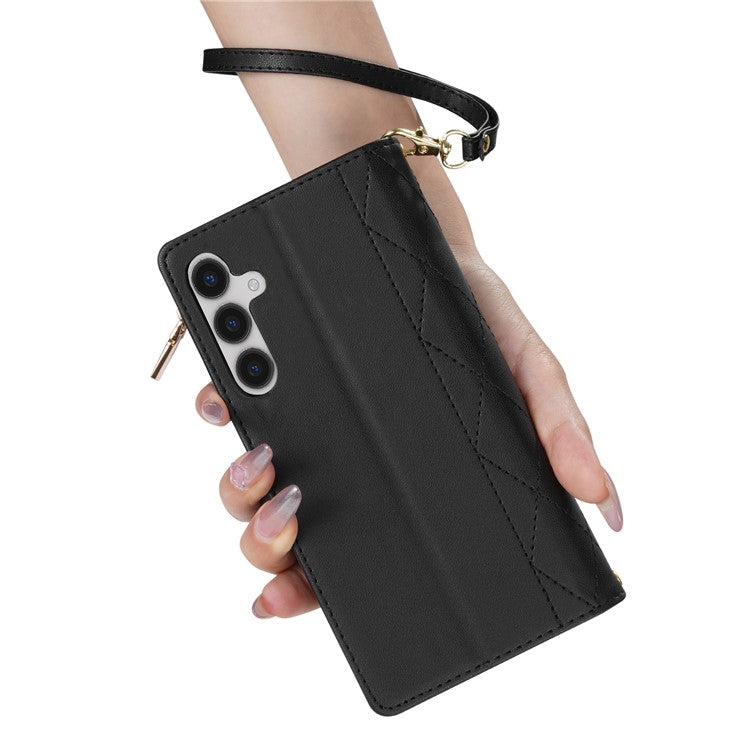 For Samsung Galaxy S25 Case Rhombus Stitching Leather Wallet Phone Cover with Long  /  Short Strap - Black