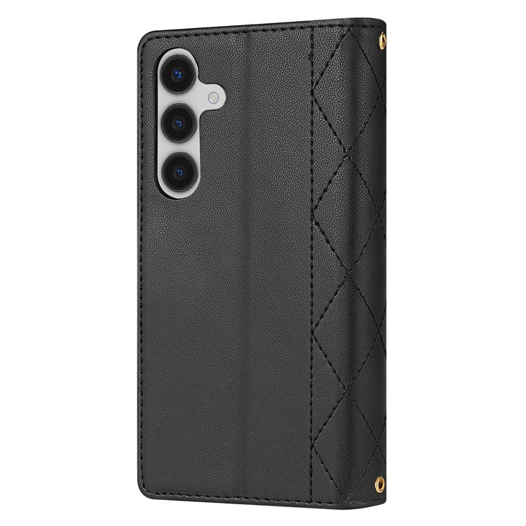 For Samsung Galaxy S25 Case Rhombus Stitching Leather Wallet Phone Cover with Long  /  Short Strap - Black