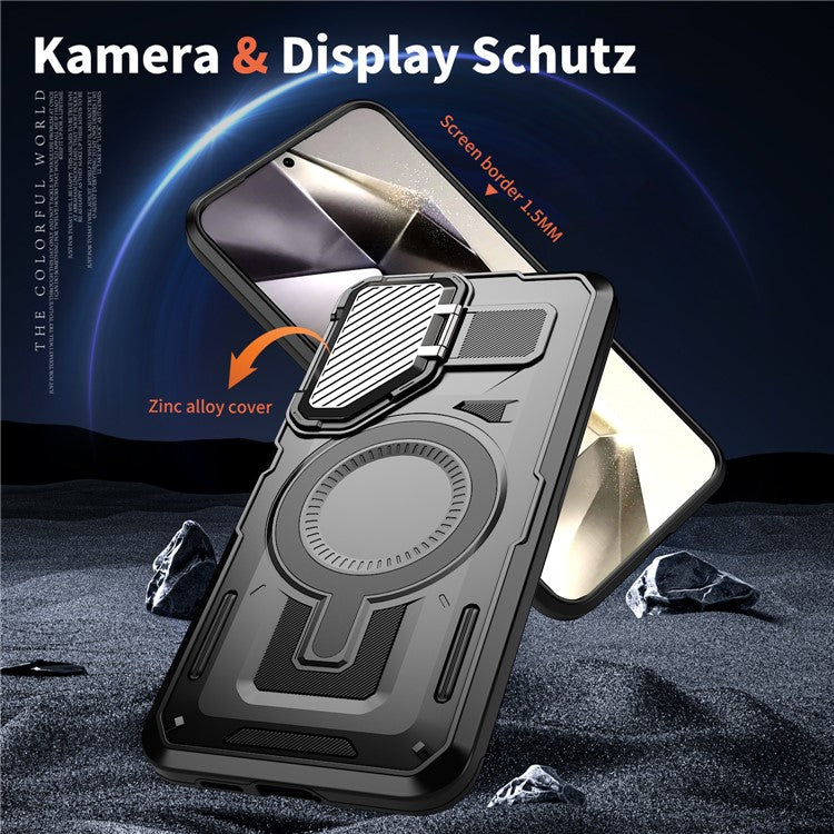 For Samsung Galaxy S25 / S24 Case Compatible with MagSafe Lens Lid Kickstand PC+TPU Back Cover - Black