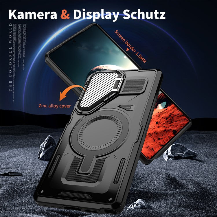 For Samsung Galaxy S25 Ultra Case Compatible with MagSafe Lens Lid Kickstand PC+TPU Back Cover - Black