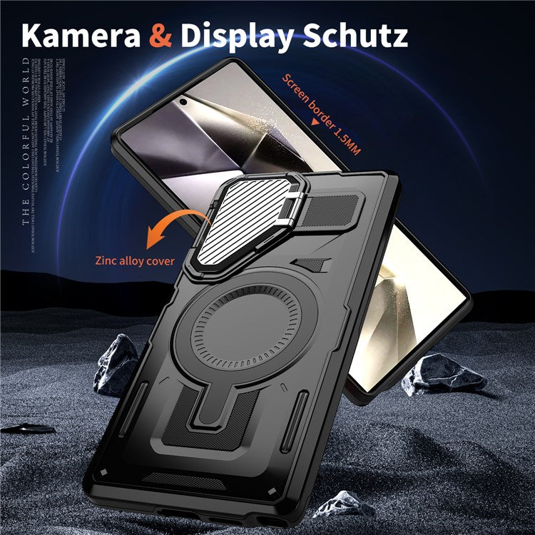 For Samsung Galaxy S24 Ultra Case Compatible with MagSafe Lens Lid Kickstand PC+TPU Back Cover - Black