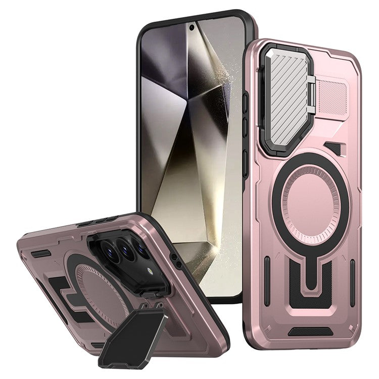 For Samsung Galaxy S24 FE Case Compatible with MagSafe Lens Lid Kickstand PC+TPU Back Cover - Rose Gold