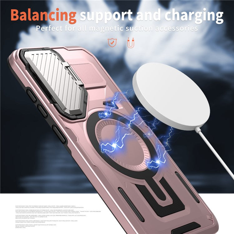 For Samsung Galaxy S24 FE Case Compatible with MagSafe Lens Lid Kickstand PC+TPU Back Cover - Rose Gold