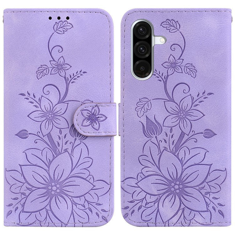 For Samsung Galaxy A26 5G Case Lily Flower Imprint Leather Phone Cover with Stand - Purple