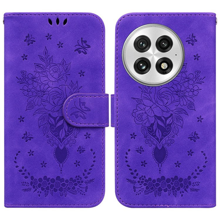 For OnePlus 13 Case PU Leather Wallet Phone Cover Butterfly Flower Imprint - Purple