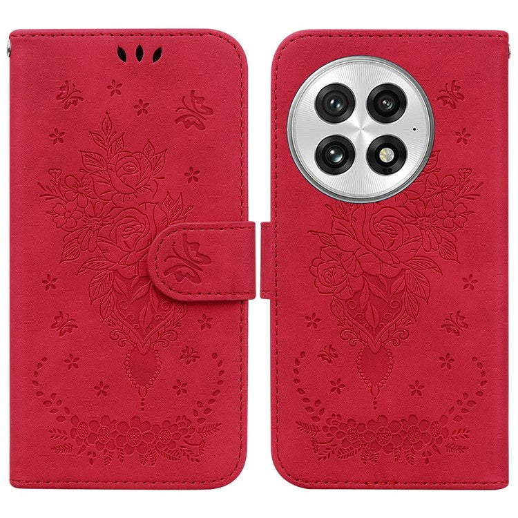 For OnePlus 13 Case PU Leather Wallet Phone Cover Butterfly Flower Imprint - Red