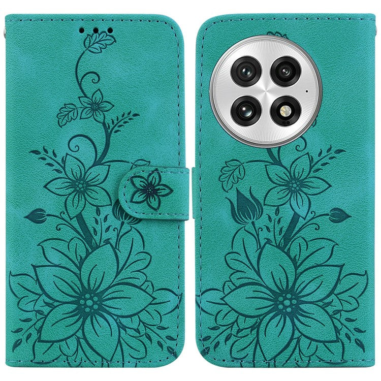 For OnePlus 13 Case Lily Flower Imprint Leather Phone Cover with Stand - Green