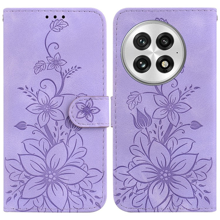 For OnePlus 13 Case Lily Flower Imprint Leather Phone Cover with Stand - Purple