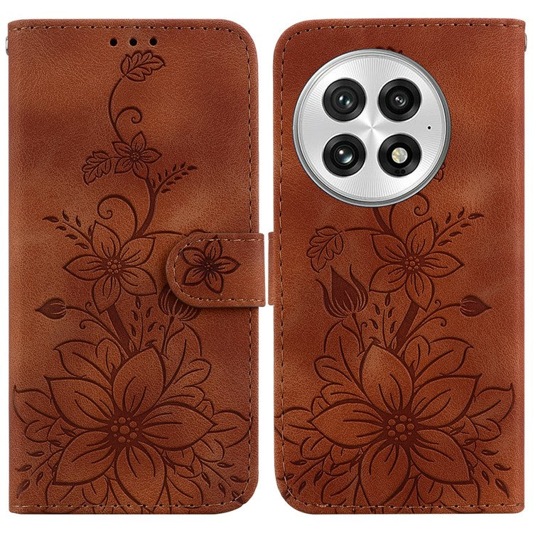 For OnePlus 13 Case Lily Flower Imprint Leather Phone Cover with Stand - Brown