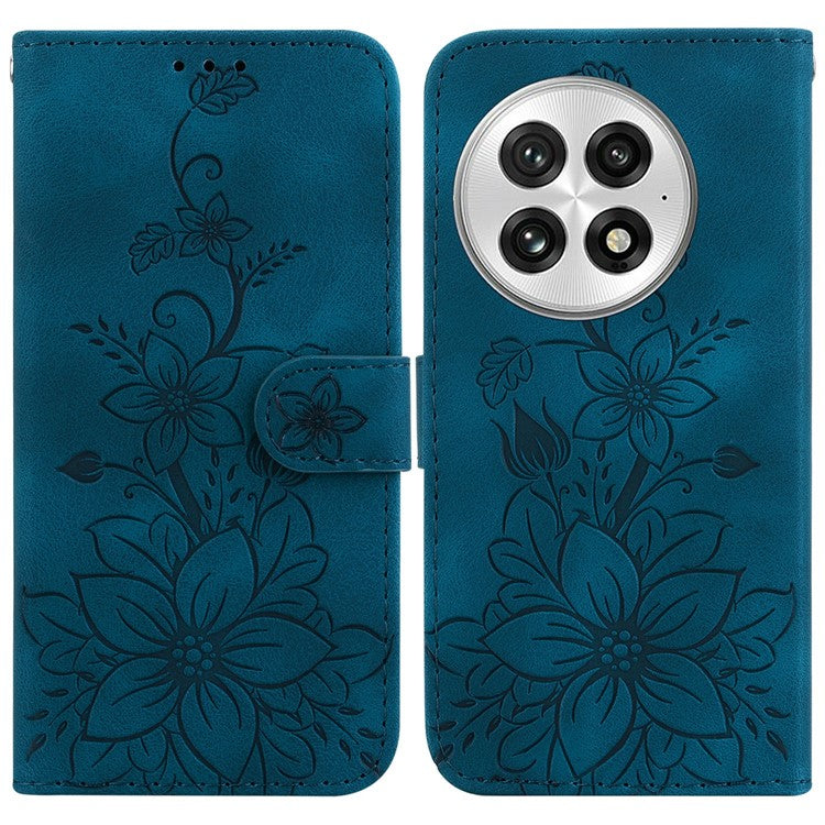 For OnePlus 13 Case Lily Flower Imprint Leather Phone Cover with Stand - Dark Blue