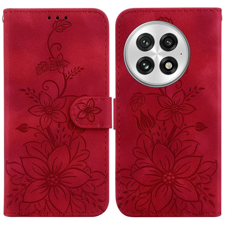 For OnePlus 13 Case Lily Flower Imprint Leather Phone Cover with Stand - Red