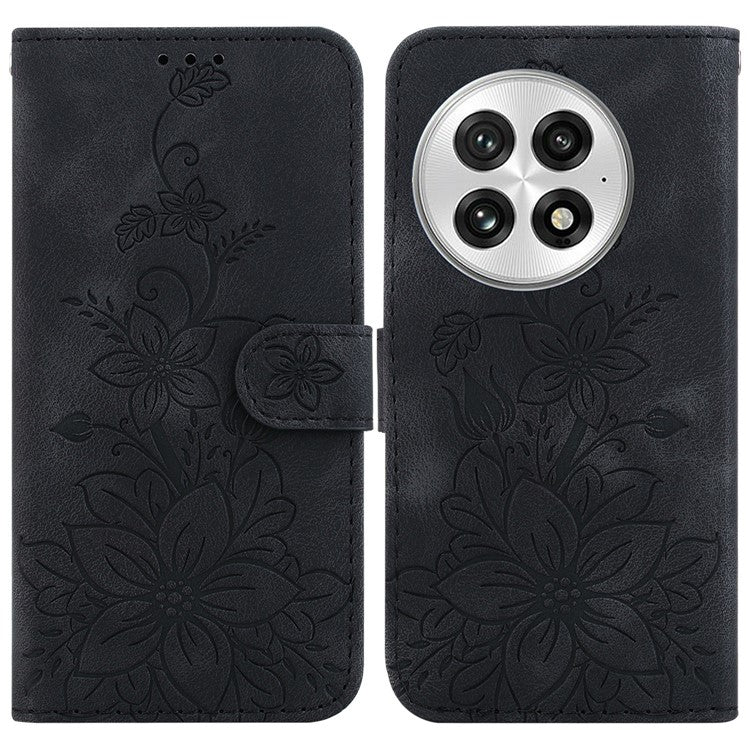 For OnePlus 13 Case Lily Flower Imprint Leather Phone Cover with Stand - Black