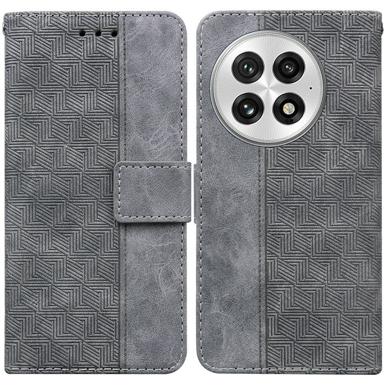 For OnePlus 13 Case Geometry Pattern Leather Wallet Phone Cover - Grey