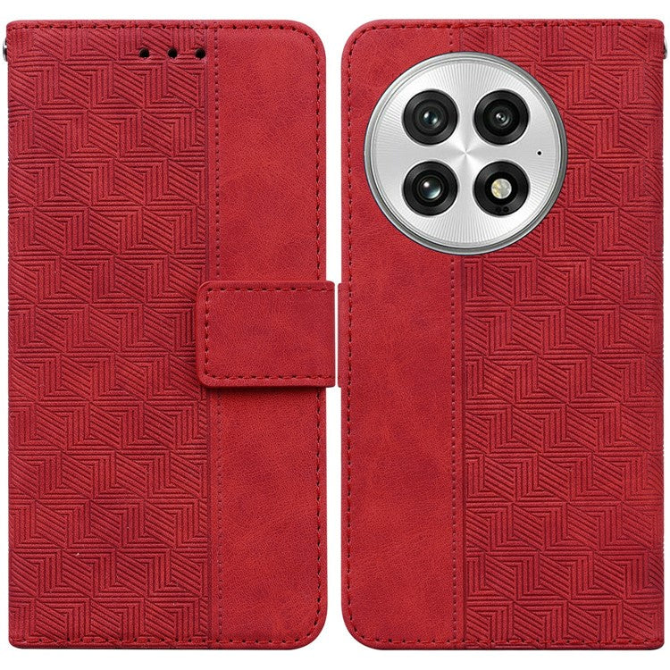 For OnePlus 13 Case Geometry Pattern Leather Wallet Phone Cover - Red