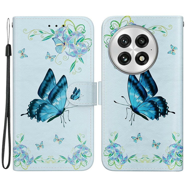 For OnePlus 13 Wallet Phone Case Anti-Drop Leather Flip Cover Pattern Printing - Blue Butterfly Flower