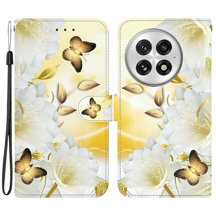 For OnePlus 13 Wallet Phone Case Anti-Drop Leather Flip Cover Pattern Printing - Gold Butterfly Flower