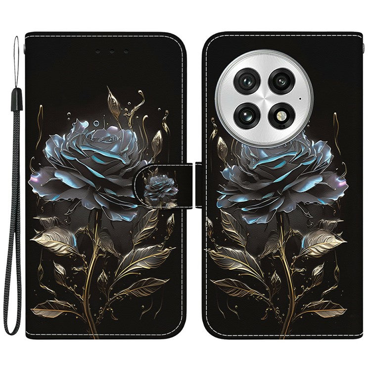 For OnePlus 13 Wallet Phone Case Anti-Drop Leather Flip Cover Pattern Printing - Black Rose