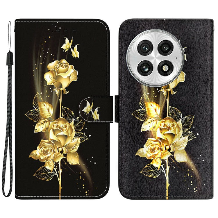 For OnePlus 13 Wallet Phone Case Anti-Drop Leather Flip Cover Pattern Printing - Gold Butterfly Rose