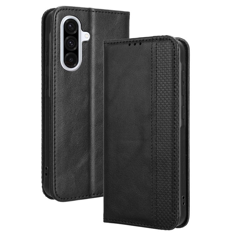 For Samsung Galaxy A56 5G Leather Case Wallet Stand Retro Texture Phone Cover - Black