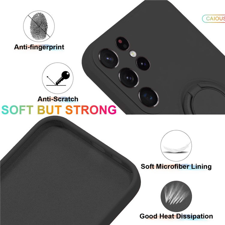 For Samsung Galaxy S25 Ultra Silicone Case with Strap Ring Kickstand Phone Cover - Black