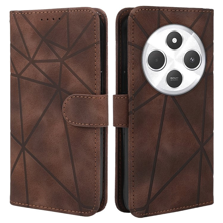 Stand Phone Case for Xiaomi Poco C75 4G / Redmi 14R 5G / 14C 4G Line Pattern Leather Cover - Brown