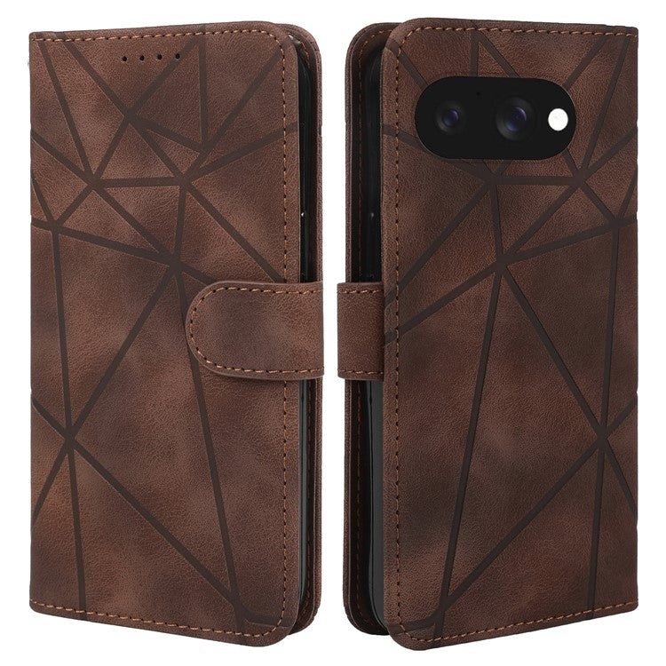 For Google Pixel 9a Stand Case Line Pattern Leather Phone Cover - Brown