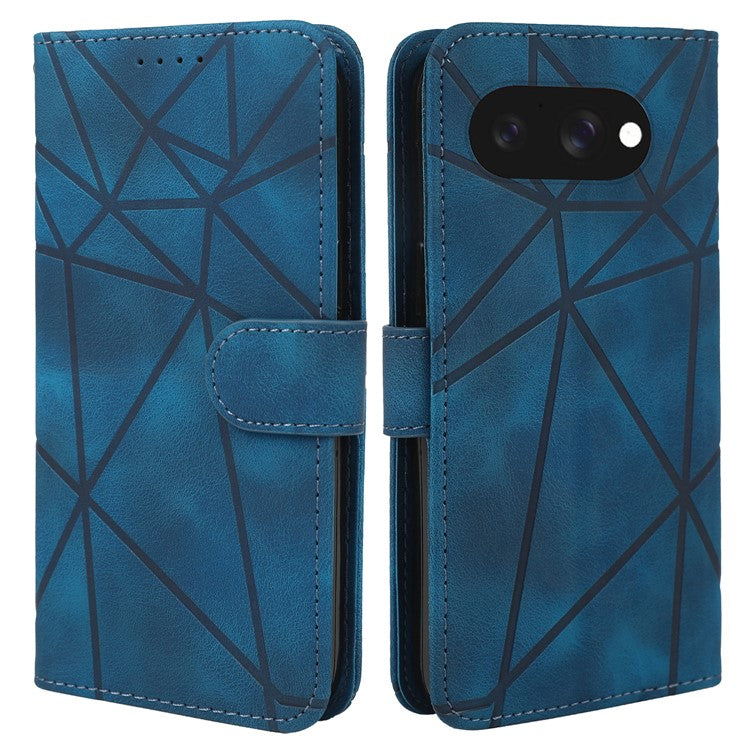 For Google Pixel 9a Stand Case Line Pattern Leather Phone Cover - Blue