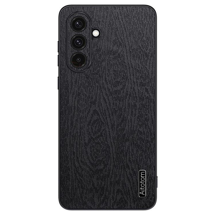 For Samsung Galaxy A26 5G Case Wood Texture PU Leather Coated PC+TPU Phone Cover - Black