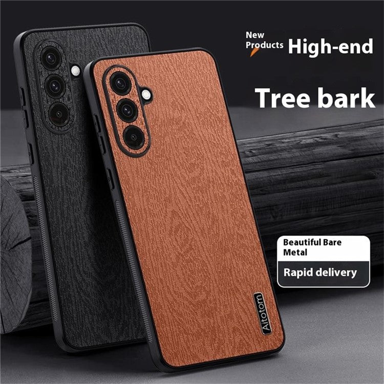 For Samsung Galaxy A26 5G Case Wood Texture PU Leather Coated PC+TPU Phone Cover - Black