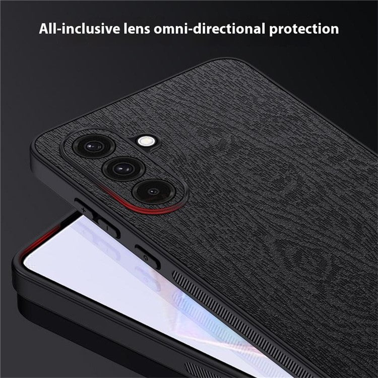 For Samsung Galaxy A26 5G Case Wood Texture PU Leather Coated PC+TPU Phone Cover - Black