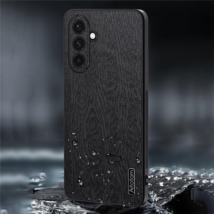 For Samsung Galaxy A26 5G Case Wood Texture PU Leather Coated PC+TPU Phone Cover - Black