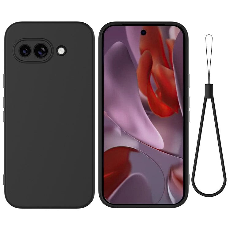 For Google Pixel 9a Case Liquid Silicone Phone Back Cover with Hand Strap - Black